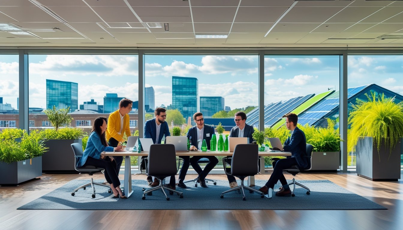 A group of young professionals collaborating in a bright office with laptops and eco-friendly items, with a cityscape featuring green rooftops and solar panels visible through large windows.