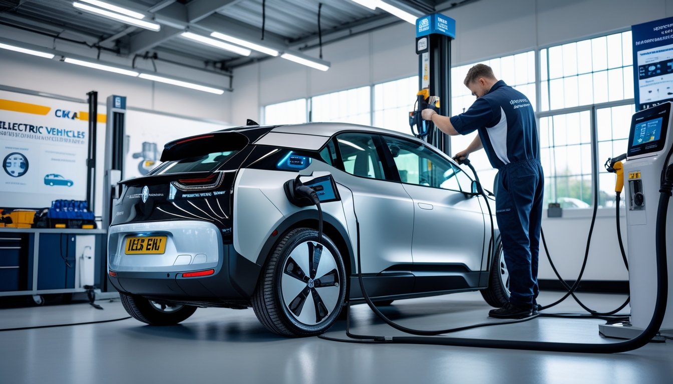 Electric car being serviced by a technician in a clean UK automotive workshop with charging equipment and diagnostic tools.