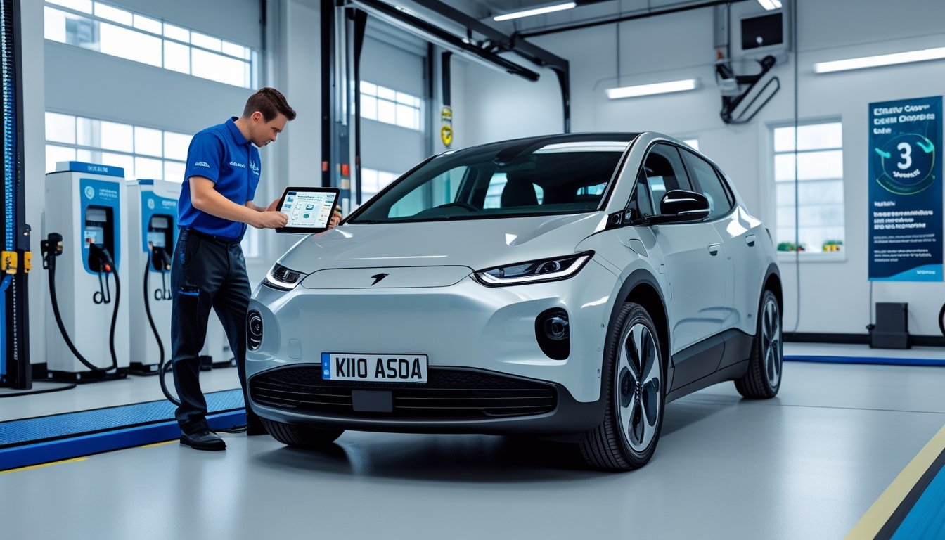 A mechanic inspects the charging port of an electric car in a clean workshop with UK-style number plates and charging stations visible.