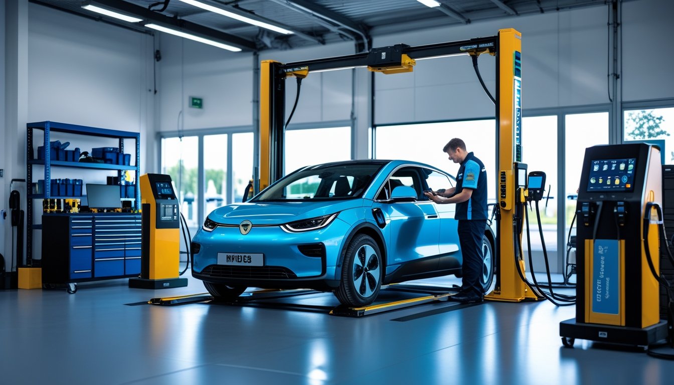 Technicians performing maintenance on an electric vehicle inside a modern automotive workshop in the UK.