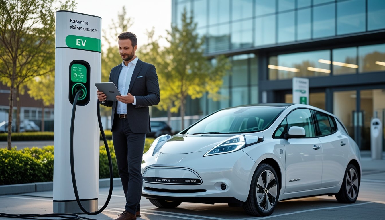 A businessperson holding a tablet near a white electric car charging at a station outside a modern office building in the UK.