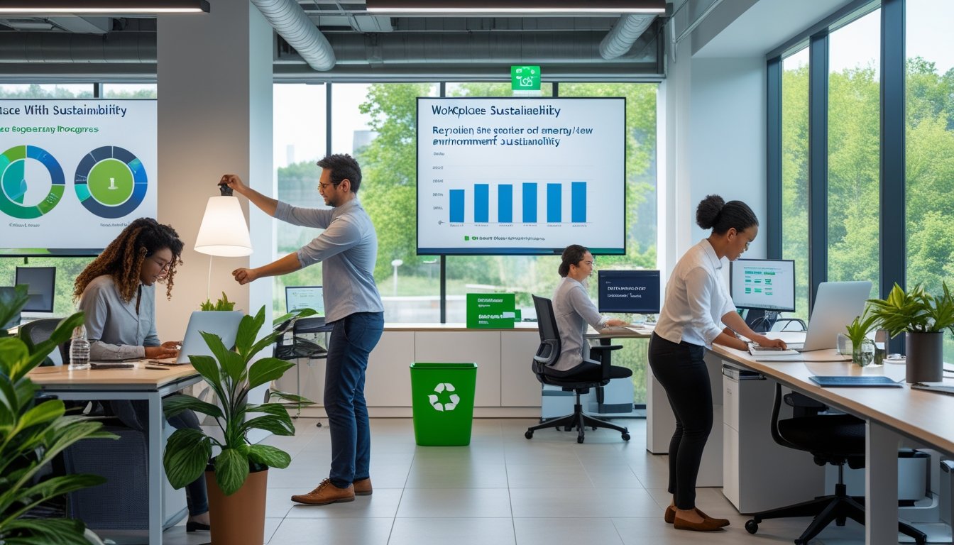 Office workers performing eco-friendly actions such as recycling and adjusting lighting in a bright workplace with plants and natural light.