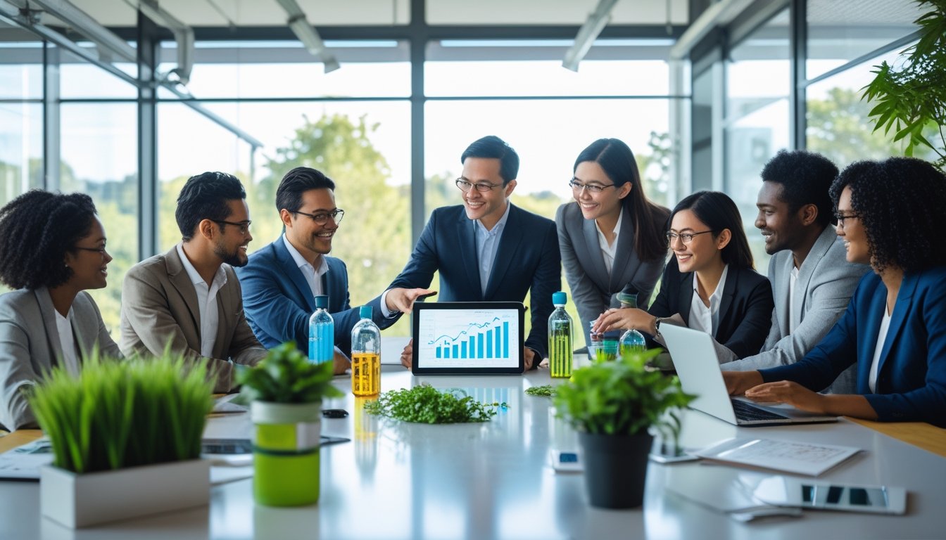 A group of diverse professionals collaborating around a table in a bright office with plants and eco-friendly items, discussing sustainability strategies.